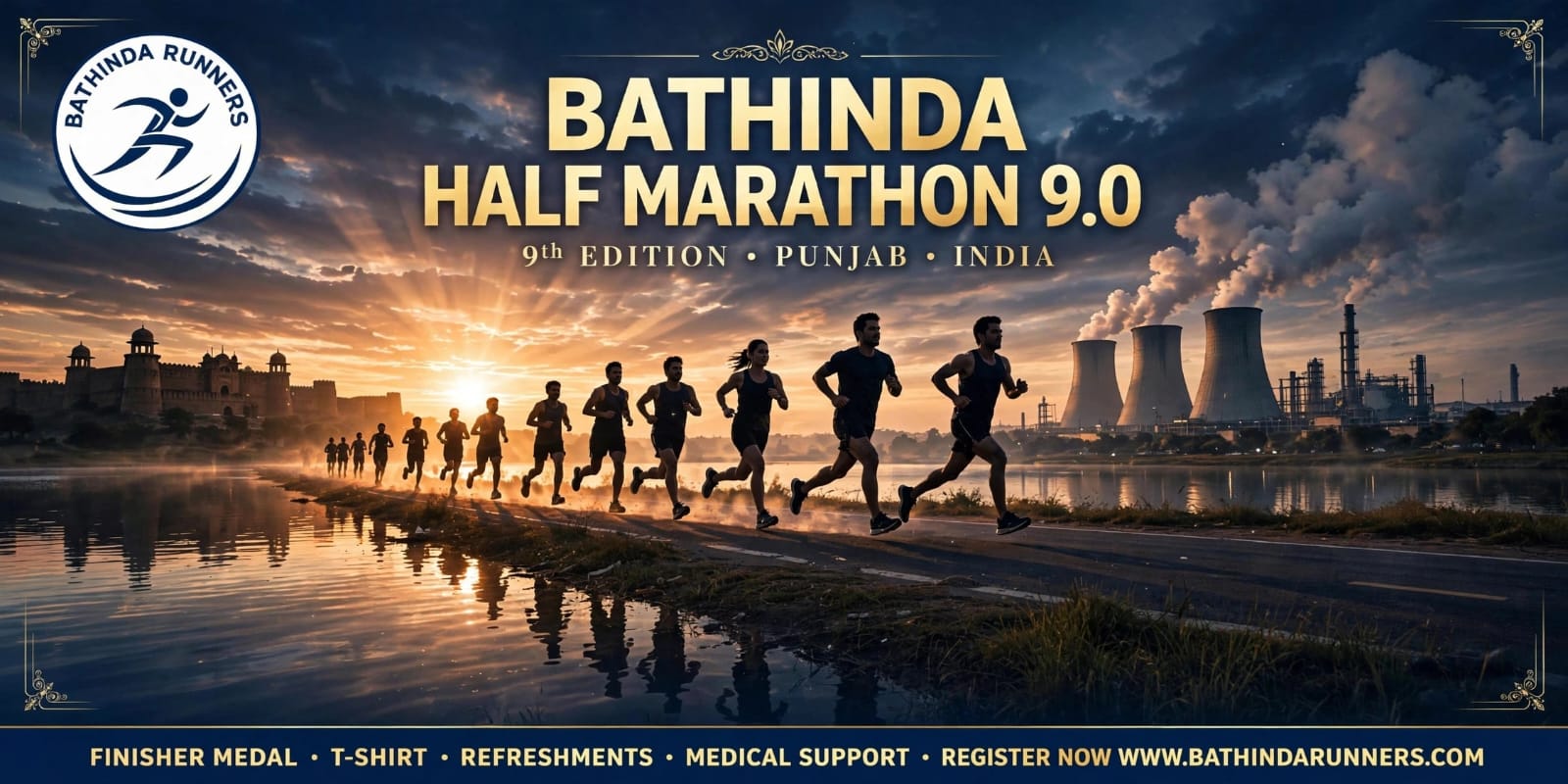 Bathinda Half Marathon 9.0 banner – runners at sunrise by the Bathinda fort and thermal plant