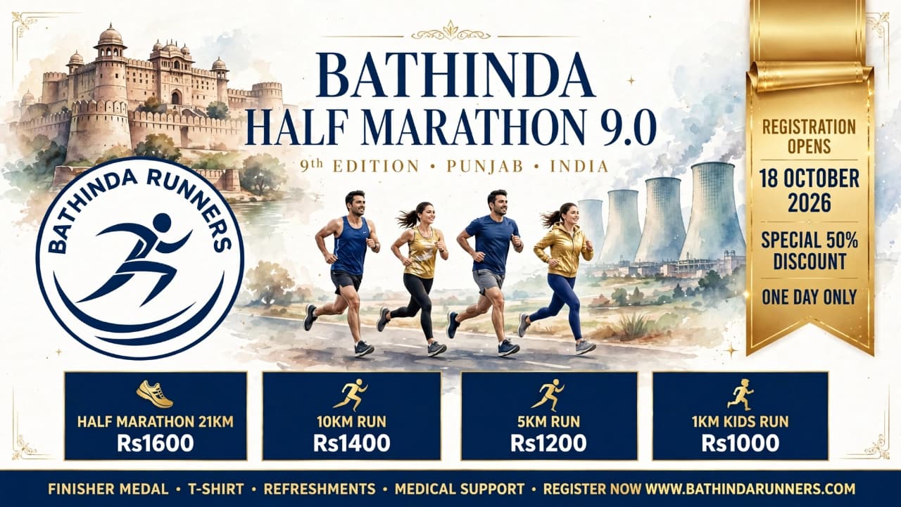 Bathinda Half Marathon 9.0 – 9th Edition banner with race categories and prices