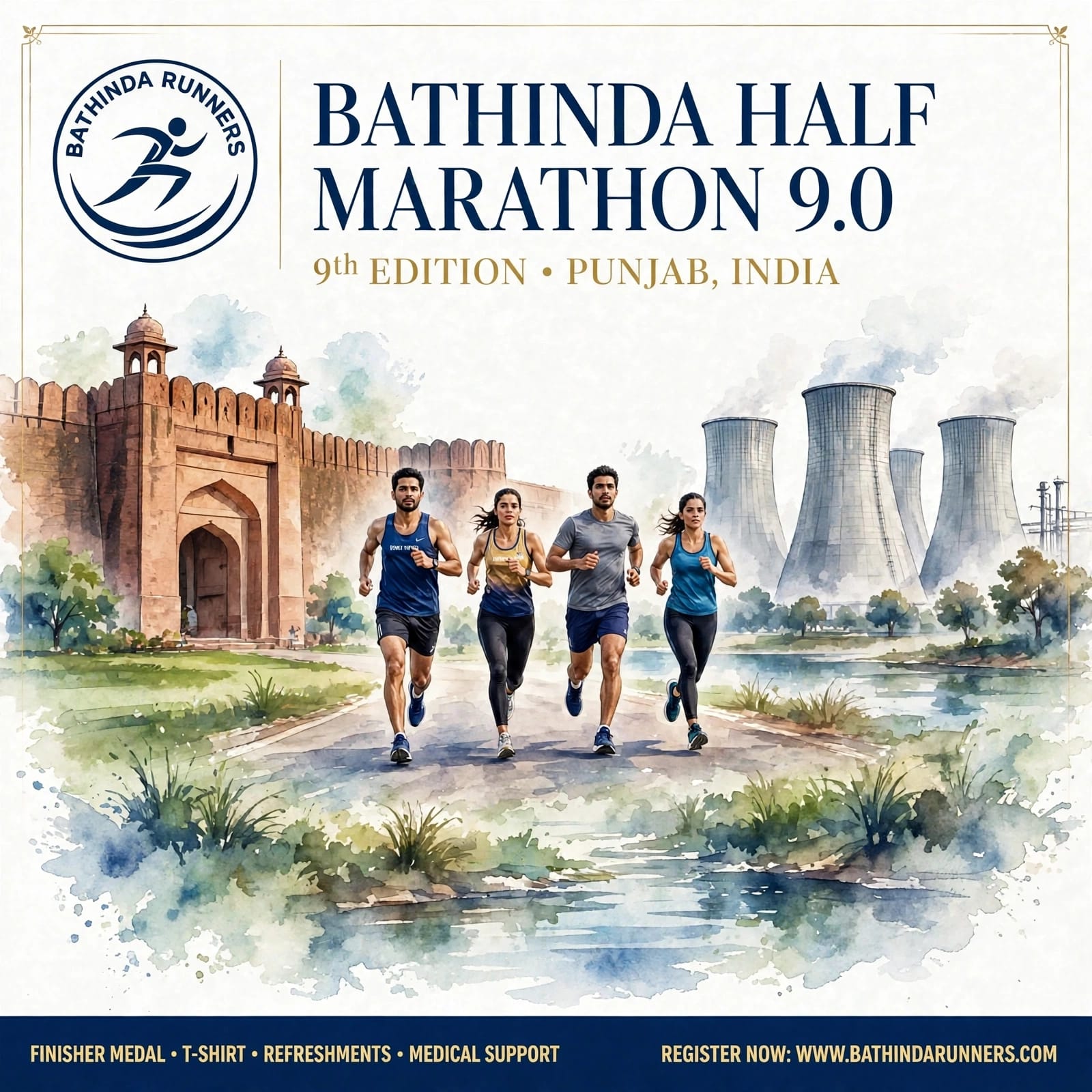 Bathinda Half Marathon 9.0 poster – 9th Edition, Punjab, India: runners by the Qila Mubarak fort and thermal plant