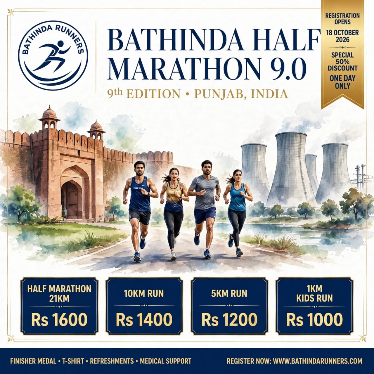 Bathinda Half Marathon 9.0 race categories – Half Marathon ₹1600, 10 KM ₹1400, 5 KM ₹1200, 1 KM Kids Run ₹1000